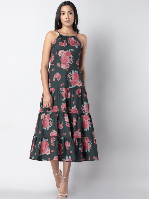 

FabAlley Women Green Printed Tiered Fit and Flare Dress