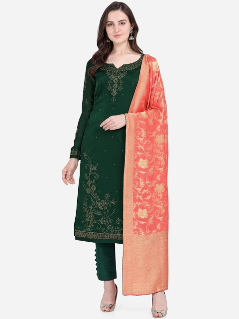 

Stylee LIFESTYLE Green & Peach-Coloured Satin Semi-Stitched Dress Material