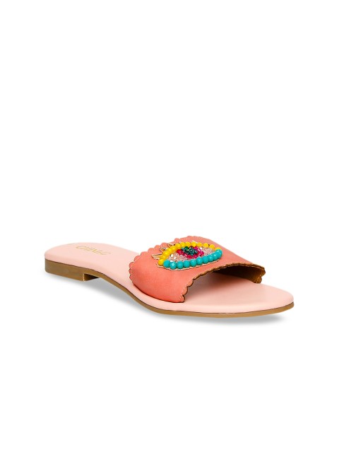 

CHINI C Women Peach-Coloured Embellished Leather Open Toe Flats