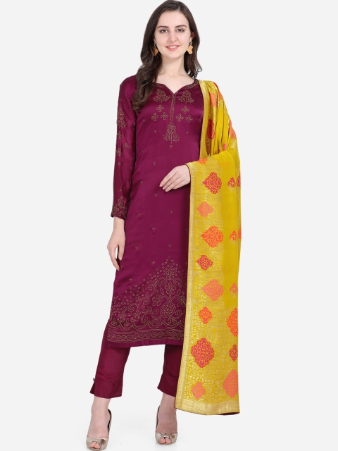 

Stylee LIFESTYLE Burgundy & Yellow Satin Semi-Stitched Dress Material