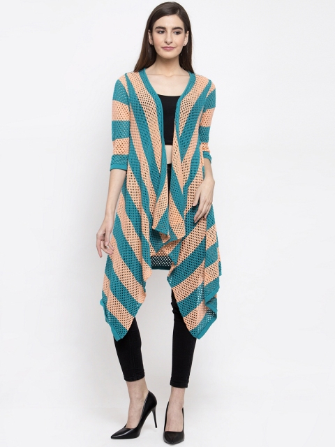 

Kalt Women Peach-Coloured & Green Striped Open Front Shrug