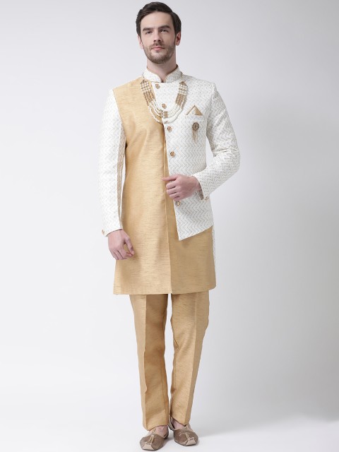 

SG RAJASAHAB Men Cream-Coloured & Brown Silk Sherwani Set