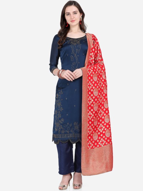 

Stylee LIFESTYLE Navy Blue & Red Satin Semi-Stitched Dress Material