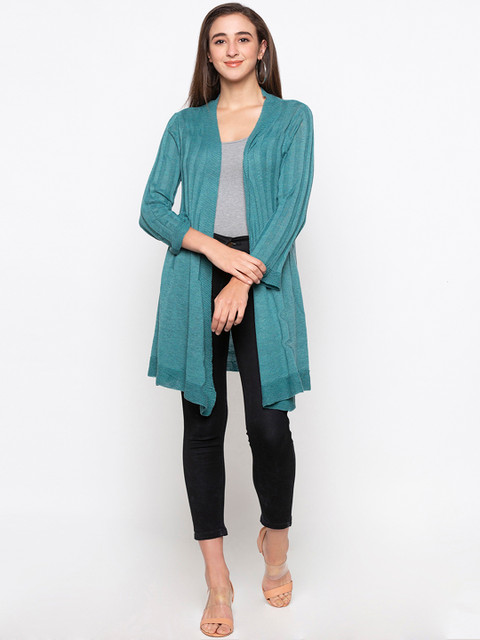 

Globus Women Green Striped Open Front Shrug