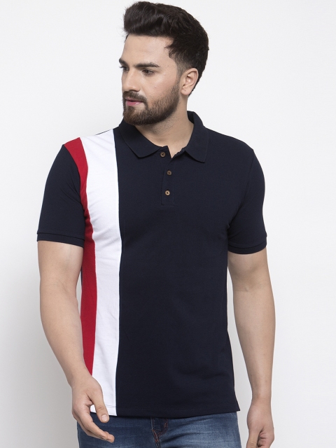 

Kalt Men Red & Navy Blue Colourblocked Polo Collar T-shirt