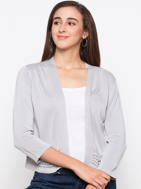 

Globus Women Silver-Toned & Grey Solid Open Front Shrug