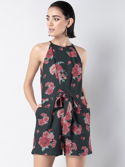 

FabAlley Women Green & Pink Printed Playsuit