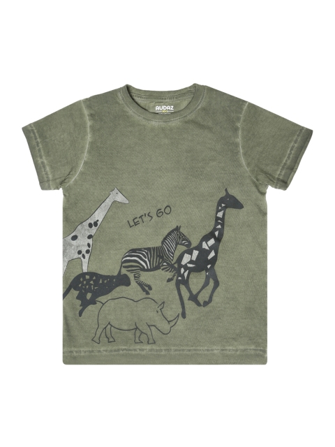 

AUDAZ Boys Green Printed Round Neck Pure Cotton T-shirt