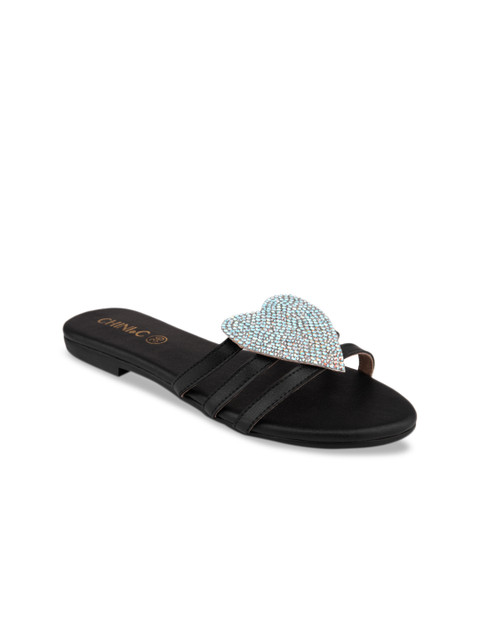 

CHINI C Women Black Embellished Leather Open Toe Flats
