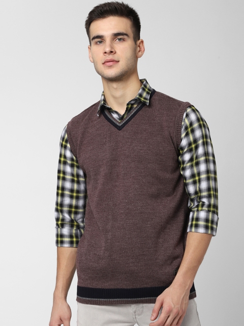 Peter England Casuals Men Brown Solid Sweater Vest Sweater