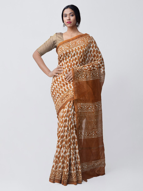 

Unnati Silks Brown & Mustard Silk Cotton Printed Chanderi Saree