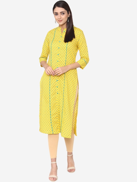 

Laabha Women Yellow & Turquoise Blue Printed Straight Kurta