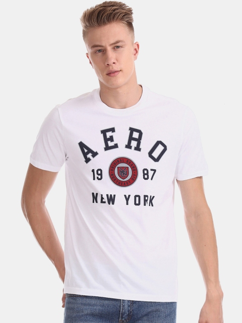 

Aeropostale Men White Navy Blue Printed Round Neck Pure Cotton T-shirt