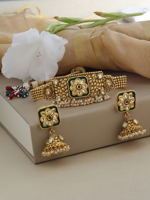 

Shoshaa Gold-Plated White & Green Enamelled Kundan-Studded Jewellery Set