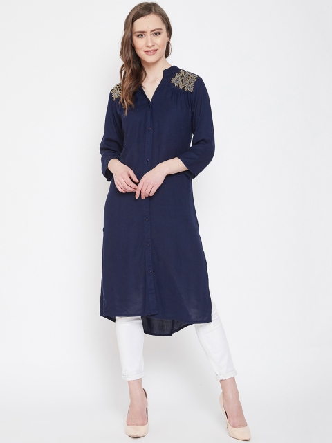 

Ruhaans Women Navy Blue Embroidered Tunic