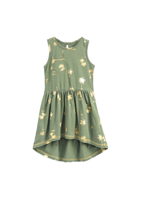 

KiddoPanti Girls Green Palm Tree Print Fit and Flare Dress