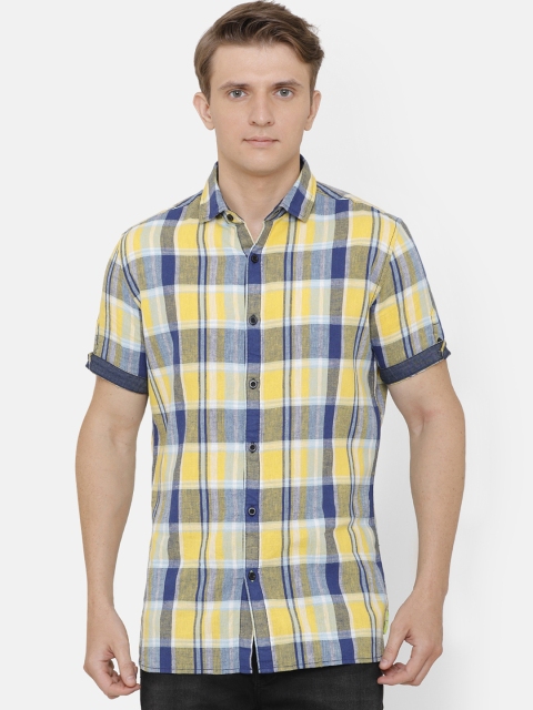 

AweTRend Men Yellow & Navy Blue Slim Fit Checked Casual Linen Shirt