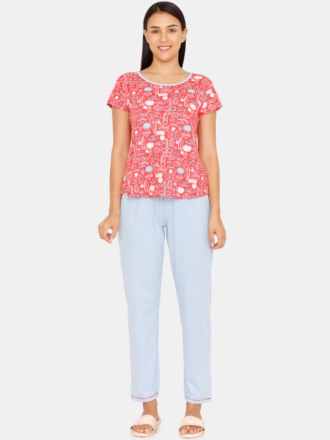 

Zivame Women Red & Blue Printed Night Suit ZI607NF