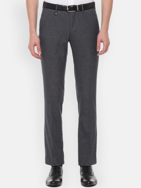 

V Dot Men Navy Blue & Grey Skinny Fit Self Checked Regular Trousers