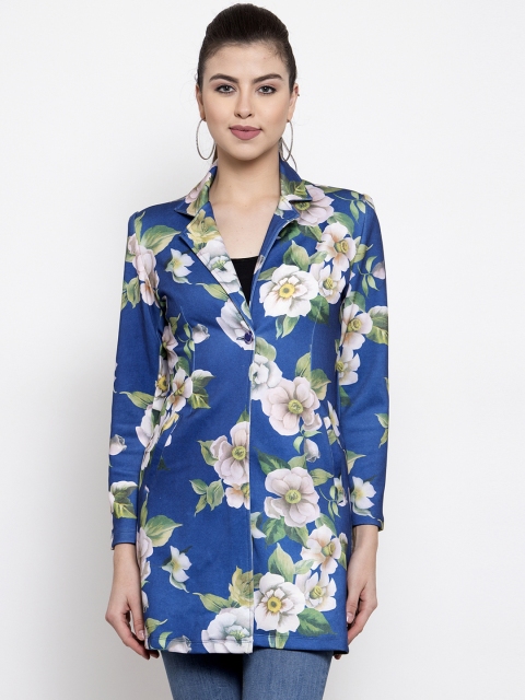armure Women Blue & Off-White Printed Single-Breasted Overcoat