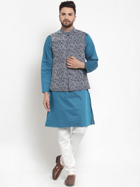 

NEUDIS Men Blue & Black Printed Handloom Kurta with Churidar & Nehru Jacket