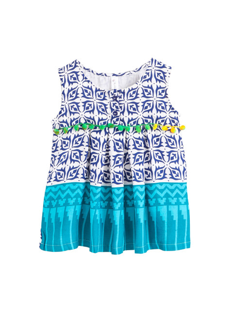 

KiddoPanti Girls White & Blue Printed A-Line Top