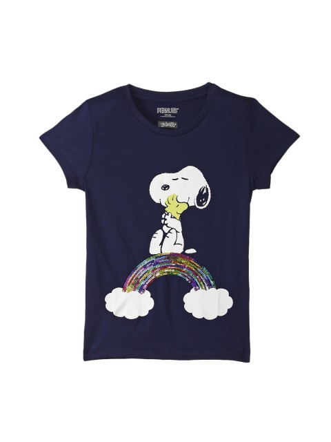 

Kids Ville Girls Navy Blue & White Snoopy Printed Round Neck T-shirt