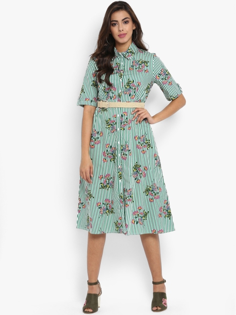 

Aditi Wasan Women White & Green Printed Shirt Dress