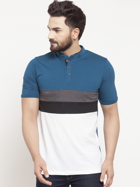 

Kalt Men Teal Colourblocked Mandarin Collar T-shirt