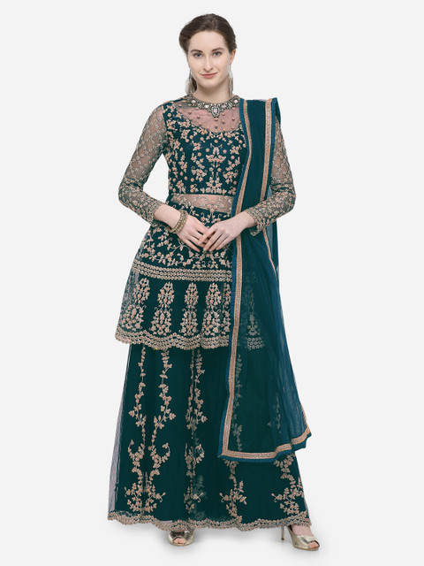 

Stylee LIFESTYLE Green & Gold-Toned Net Semi-Stitched Dress Material