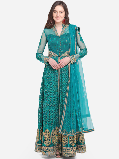 

Stylee LIFESTYLE Green Net Semi-Stitched Dress Material