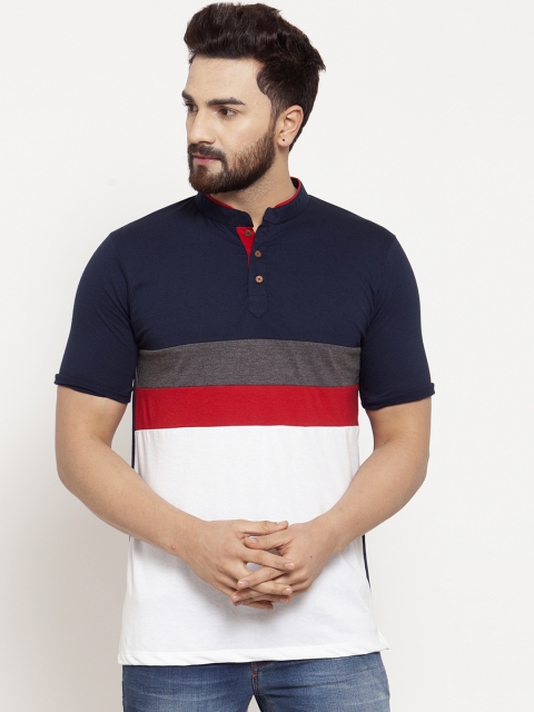 

Kalt Men Navy Blue Colourblocked Mandarin Collar T-shirt