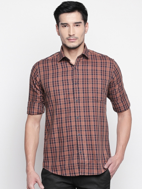 

Easies Men Brown & Navy Blue Slim Fit Checked Casual Shirt