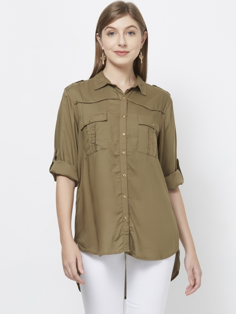 

109F Women Olive Brown Regular Fit Solid Casual Shirt