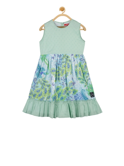 

Olele Girls Green Printed Fit And Flare Dress