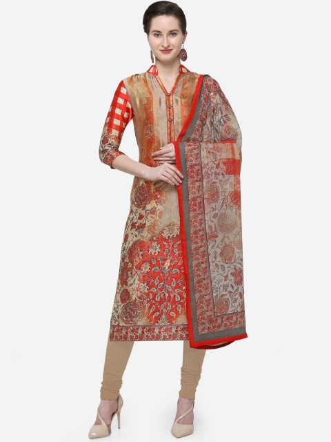 

Stylee LIFESTYLE Taupe & Red Satin Unstitched Dress Material