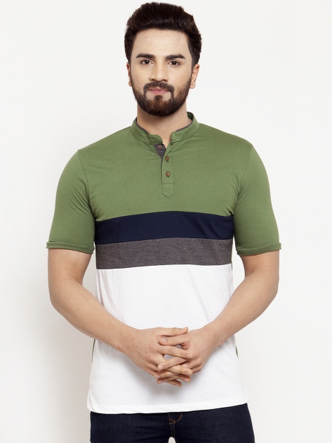 

Kalt Men Green Colourblocked Mandarin Collar T-shirt