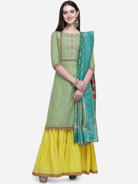

Stylee LIFESTYLE Green & Yellow Art Silk Semi-Stitched Dress Material