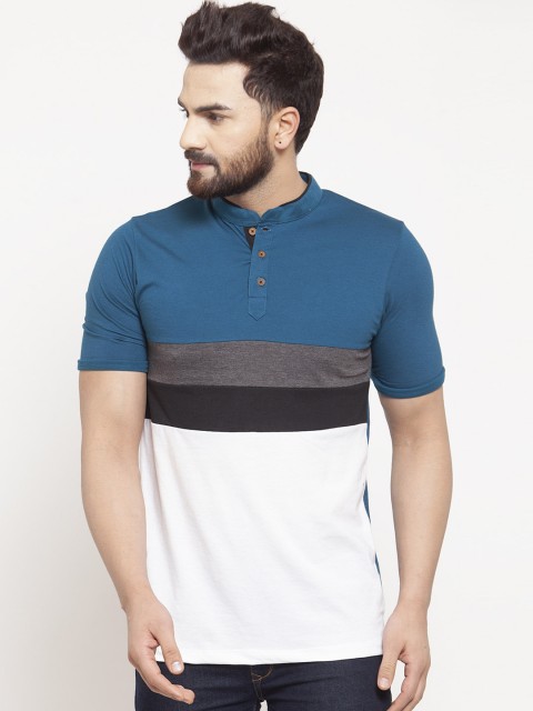 

Kalt Men Teal Blue Colourblocked Mandarin Collar T-shirt