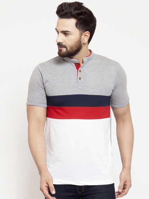 

Kalt Men Grey Colourblocked Mandarin Collar T-shirt