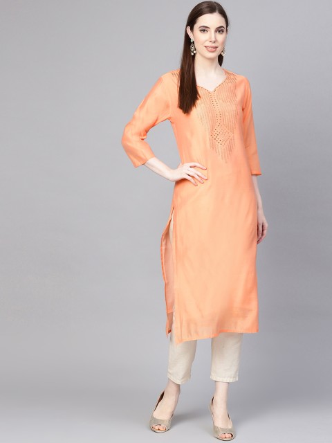 

Varanga Women Peach-Coloured Embellished Straight Kurta