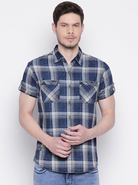 

Mufti Men Blue & Grey Slim Fit Checked Casual Shirt