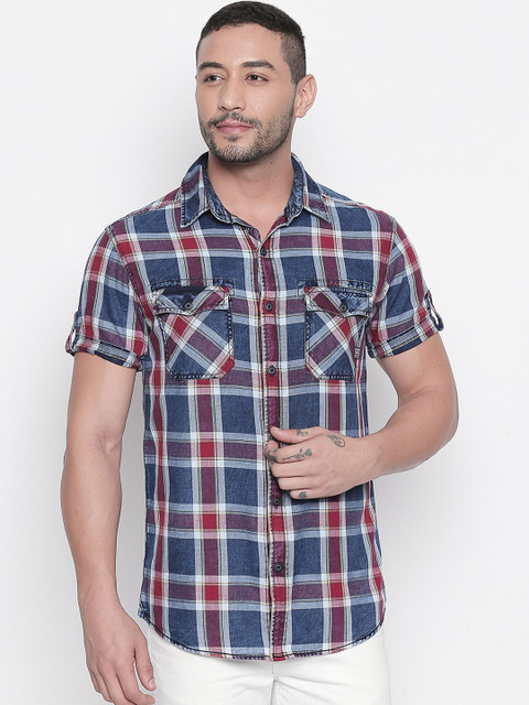 

Mufti Men Blue & Red Slim Fit Checked Casual Shirt