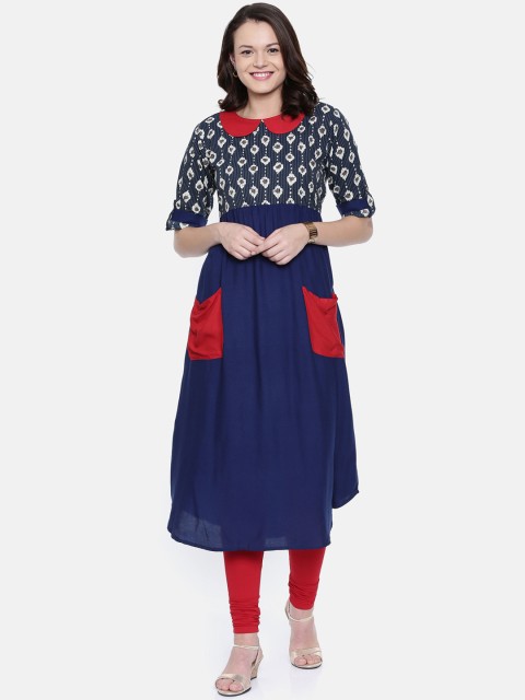 

Rasada Women Navy Blue & Red Printed A-Line Kurta