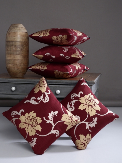 

ROMEE Maroon Set of 5 Floral Square Cushion Covers