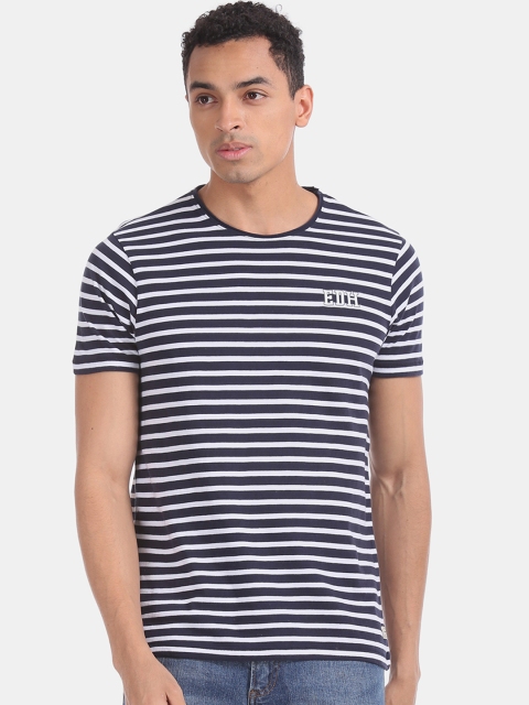 

Ed Hardy Men Navy Blue & White Striped Round Neck T-shirt