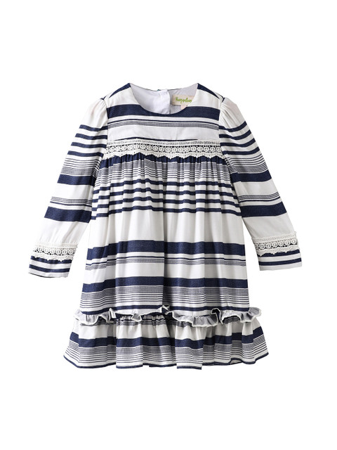 

Hugsntugs Girls White & Navy Blue Striped Fit and Flare Dress