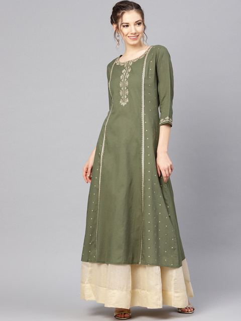 

Varanga Women Green & Gold-Coloured Embroidered A-Line Kurta