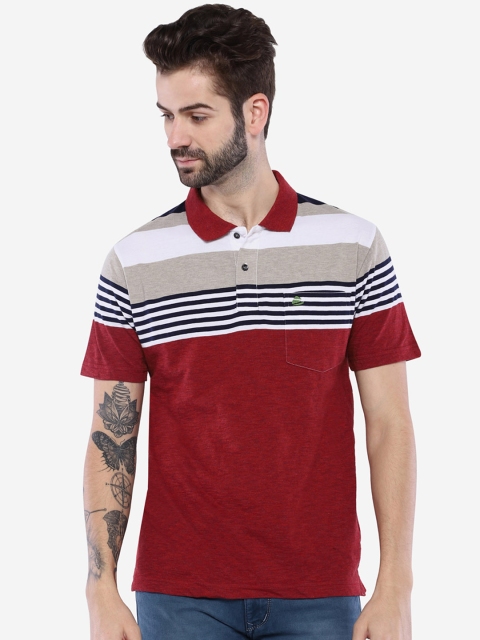 

Duke Men Maroon & Navy Striped Polo Collar T-shirt