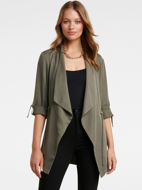 

Forever New Women Olive Green Solid Water Resistant Open Front Jacket